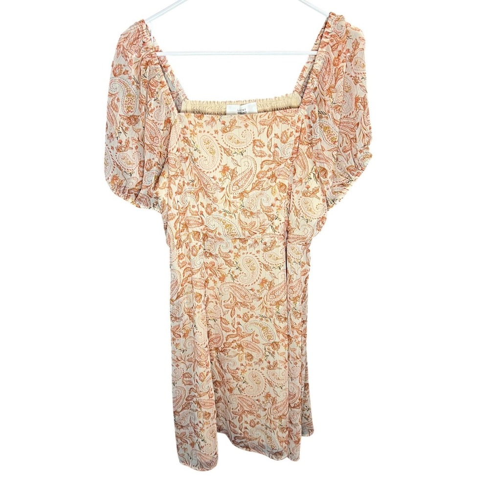 Lucky Brand Paisley Smocked Square Neck Puff Sleeve Mini Dress Women L